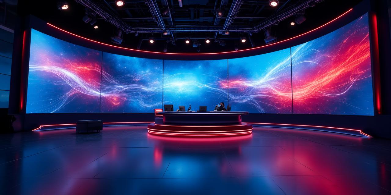 Studio televisivo moderno con schermi digitali e luci d'atmosfera
